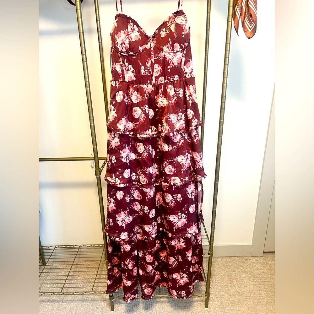 Altar’d State Maroon Floral Tier Dress (XL)